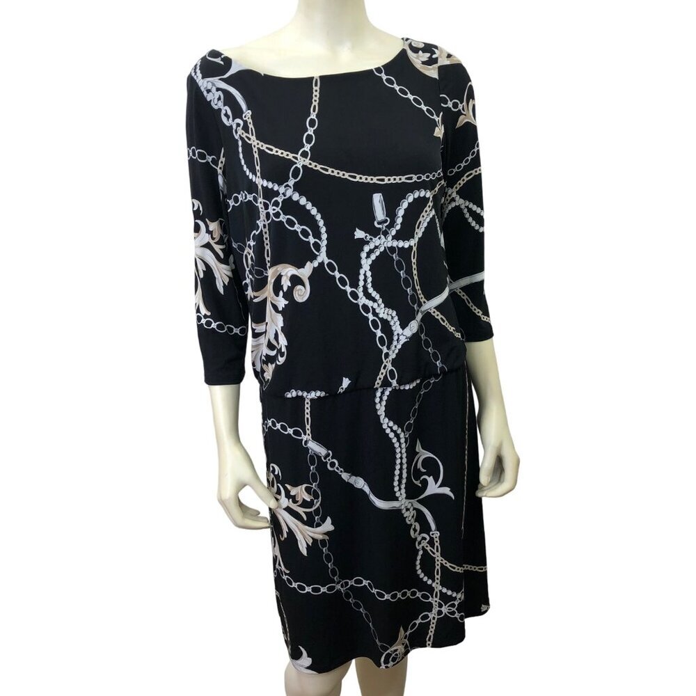 WHITE HOUSE BLACK MARKET BLACK TAN  PRINT 3/4 SLEEVE DRESS‎ MD